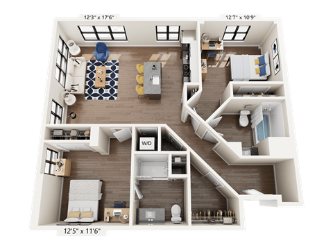 Floor plan for 2 beds, 2 baths, 1109 sqft
